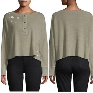 Monrow Star Embroidered Crop Waffle Knit Henley Top Sz S